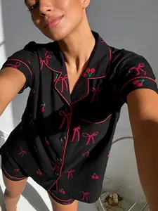 Women's Cherry Bow Printed Sleepwear Set Pajama Pjs, Short Sleeve Shorts Cardigan Loungewear Two-Piece, Comfortable All Seasons Home Wear Womenswear
