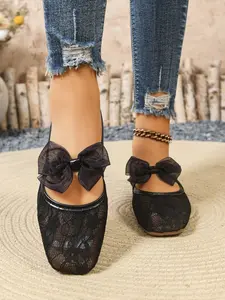 New Lace Square Toe Bow Mary Jane Flat Shoes, Breathable Mesh Fabric, Comfortable All-Season Casual Footwear, Lightweight Design