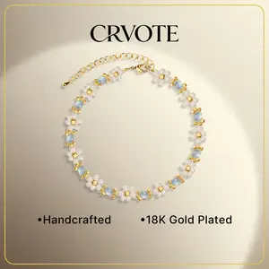 [2026 New Arrival] CRVOTE Handcrafted Beaded Daisy Flower Bracelet, Pink & Blue Floral Bracelet with 18K Gold Plated Extension Chain