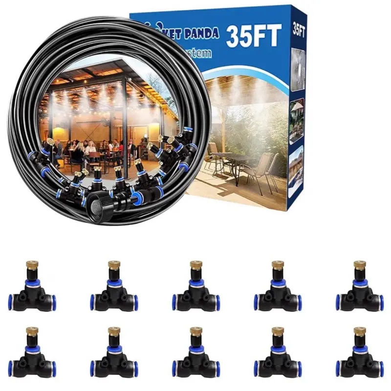 Misters Cooling System, 35FT Misting Hose + Tee-Connector 10PCS. Outdoor Water Mister System for Porch, Umbrella, Deck, Canopy, Fan. Mist Hose for Garden, Greenhouse. Backyard Cooler kit.