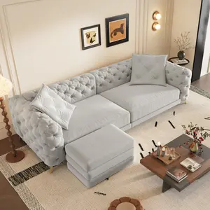 97.7-Inch 3-in-1 Convertible Pull-Out Sleeper Sofa Bed| 28.4" Deep Seat Button Tufted Modern 4-Seater Couch with Movable Ottoman, Light Grey for Apartment/Office/Bedroom​