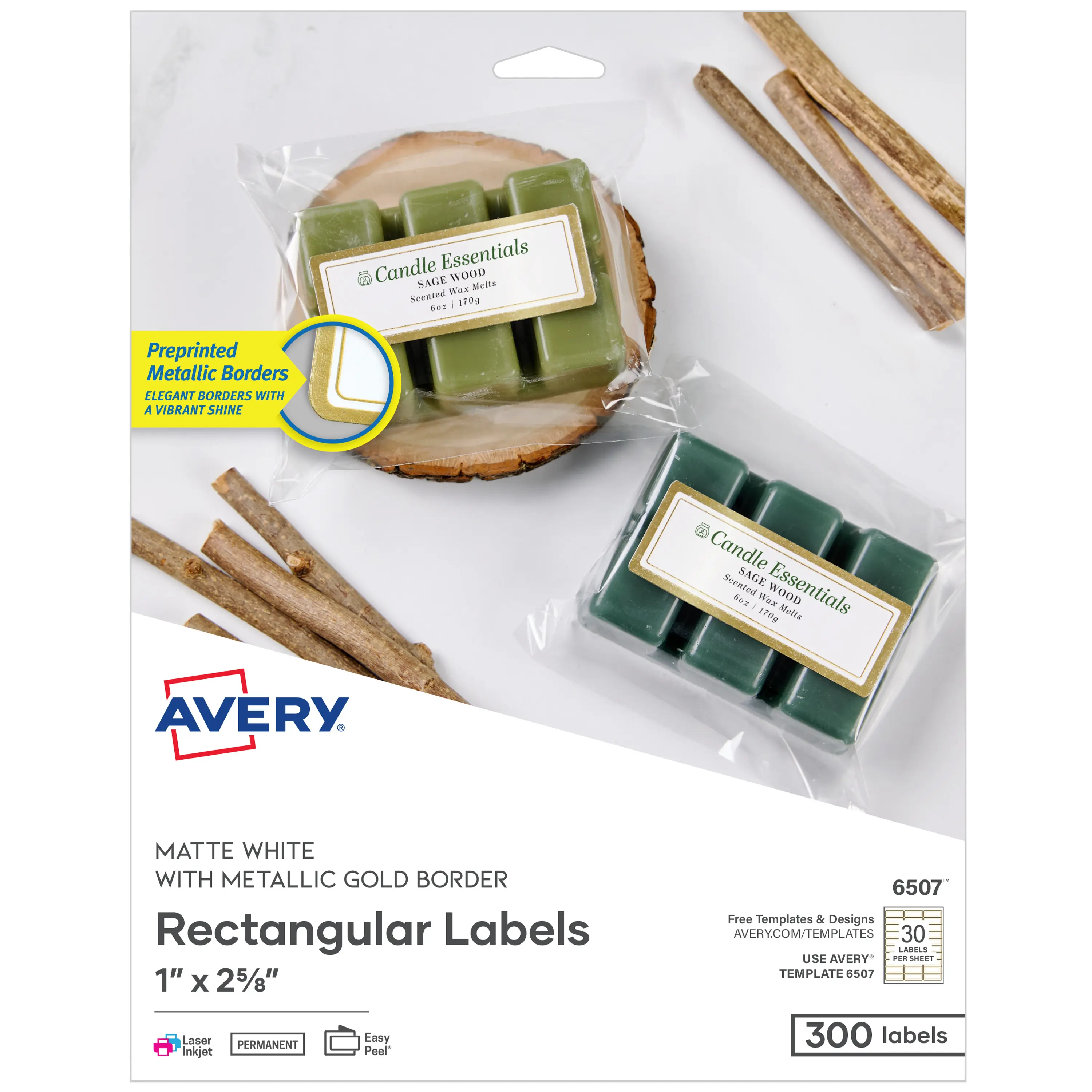 Avery Printable Address Labels, 1" x 2-5/8", Matte White with Metallic Gold Borders, Permanent, Laser & Inkjet Compatible, 300 Blank Mailing Labels (6507)