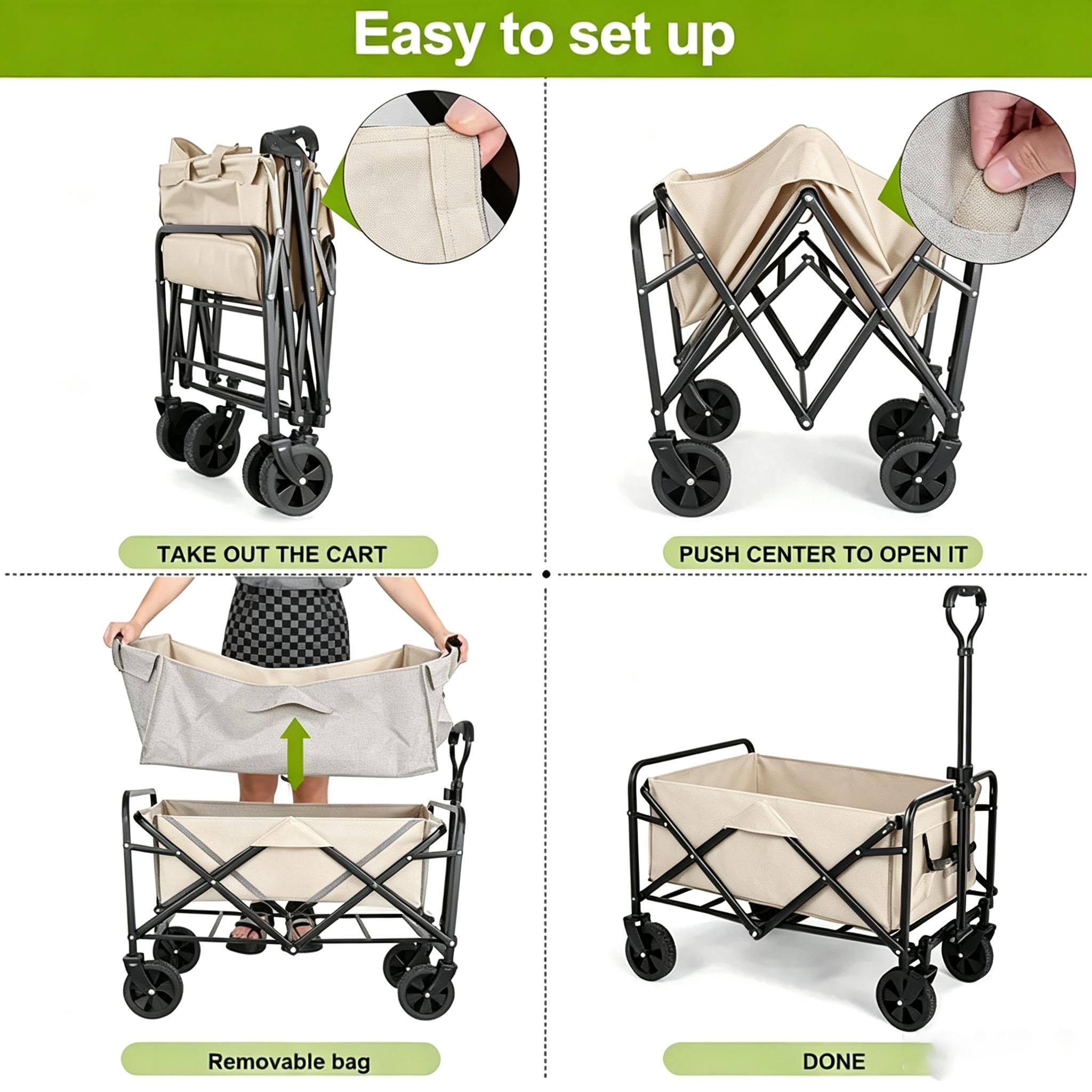 Heavy Duty Collapsible Fold Utility Wagon Cart, 440LBS All-Terrain Trolley with Brake System, Cup Holders, Adjustable Handle, College Dorm Shopping Hauler for Outdoor Camping, Yard Work