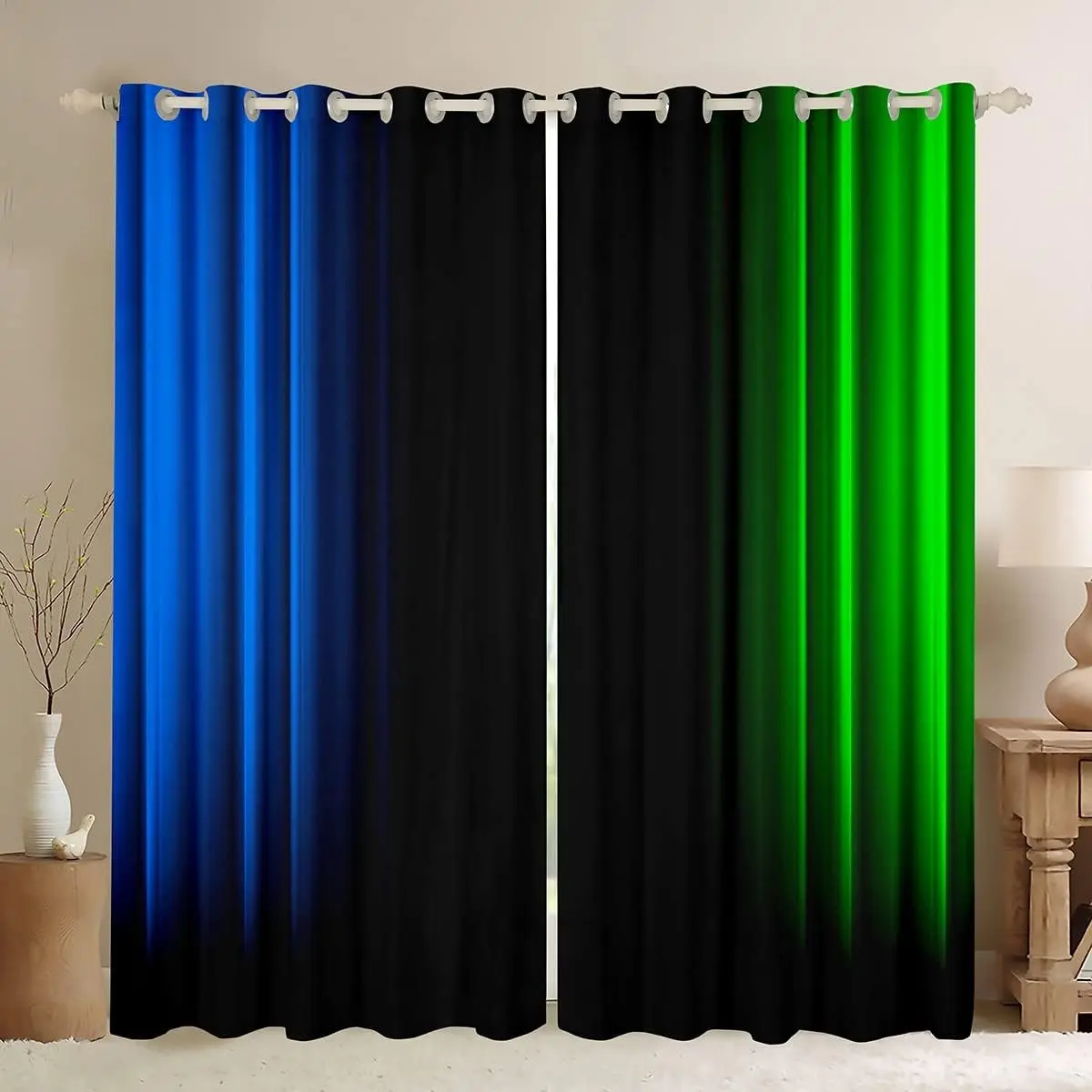 Feelyou Geometric Abstract Ombre Striped Sheer Curtain Set - Grommet Window Curtains, Blue-Green-Black Striped Pattern, Modern Decor for Bedroom, Living Room, Grommet Curtains