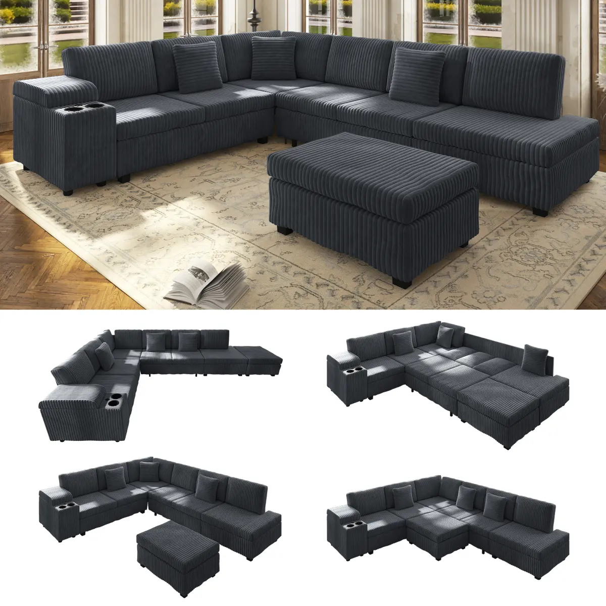 Aobtkel 110.2" L-Shaped Sectional Sleeper Sofa Set - Modern Upholstered Convertible Couch with Removable Ottoman, Hidden Armrest Storage, USB Ports, Cup Holders, Plush Corduroy Fabric, Living Room Apartment Furniture, Modern Upholstered Sofa