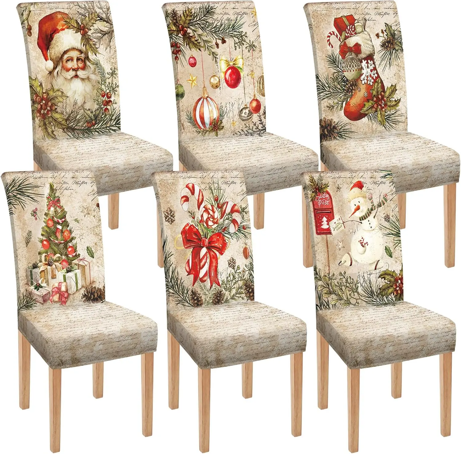 6 count Christmas Dining Chair Covers Removable Washable Stretch Slipcovers for Xmas Restaurant Farmhouse Kitchen Hotel Decor Supplies(Retro Style)