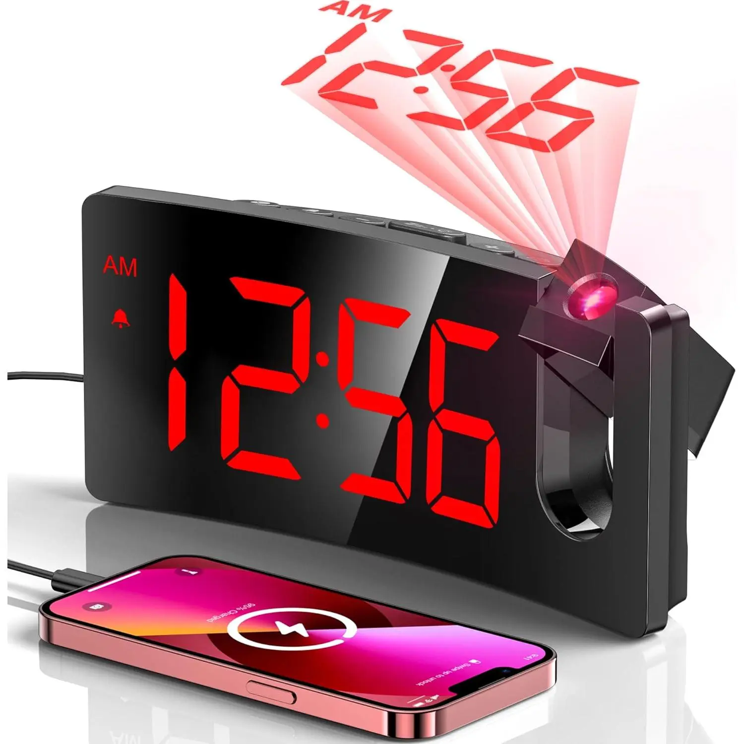 Projection  Clock, Digital Clock with Modern Curved Design 180? Rotatable Projector, 3-Level Brightness Dimmer, Clear Red LED Display, Progressive Volume, 9mins Snooze,12/24H, for Bedroom