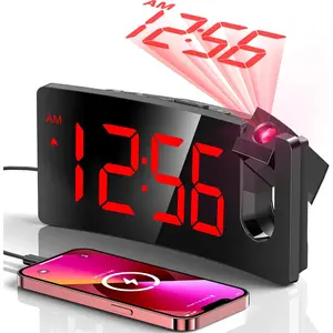 Projection  Clock, Digital Clock with Modern Curved Design 180? Rotatable Projector, 3-Level Brightness Dimmer, Clear Red LED Display, Progressive Volume, 9mins Snooze,12/24H, for Bedroom