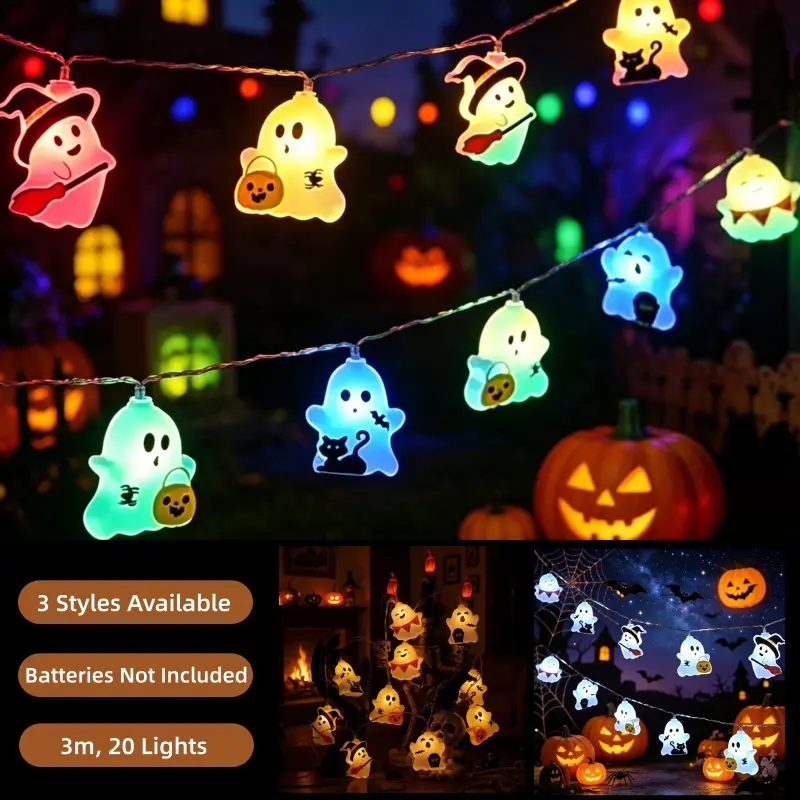 [Back to School]Pumpkin Ghost Cat LED String Lights, 118.11 Inch Battery Operated (Batteries Not Included), Warm/Cool White & Multicolor Light Modes, Halloween Fall Festive Lights for Mantel, Window, Bedroom, Party, Thanksgiving Home Decor-MM1