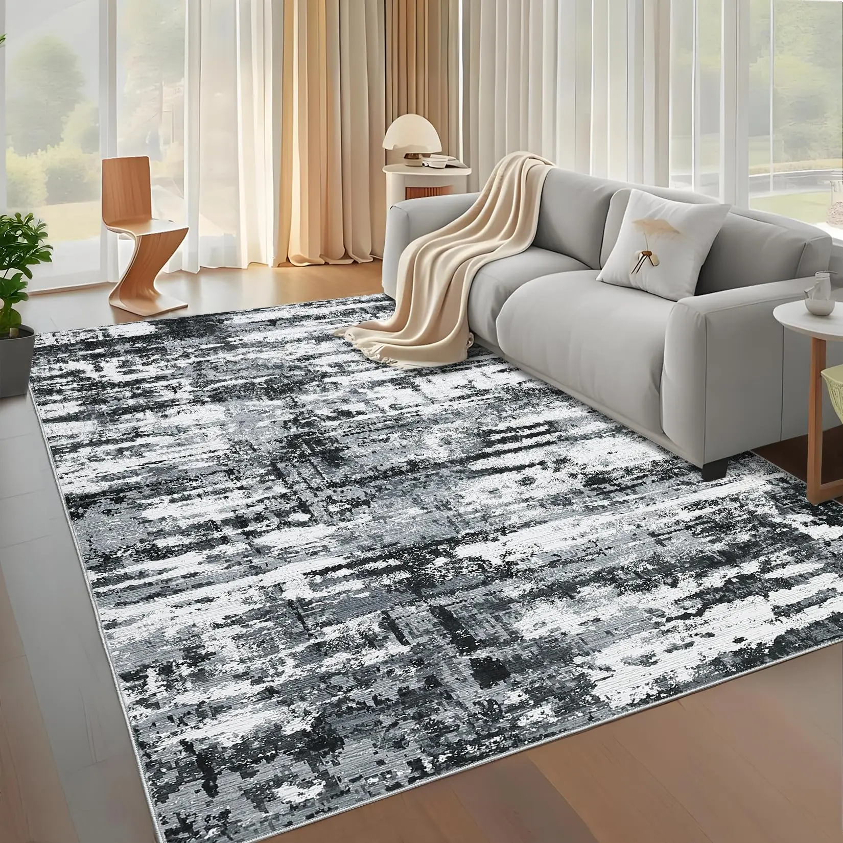 GARVEE Washable 8x10 Area Rug for Living Room, Modern Abstract Design, Soft Non-Slip Large Carpet, Suitable for Bedroom, Dining Room, Indoor Use, Foldable Thin Contemporary Floor Cover in Black Grey