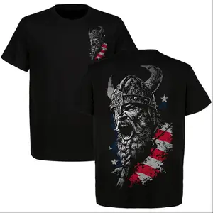 Viking Warrior Graphic Tee USA Flag T-Shirt Men Skull Helmet Retro Norse Myth Viking Shirt