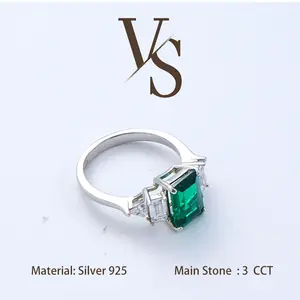 [Venus Jewelry] Lab Creat Gemstone 3 CCT Green Emerald Cut Solid SIlver 925 hand Ornament Ring