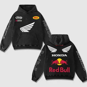 Retro Redbull x Honda Racing Washed Hoodie Motor World Champion Enthusiast Apparel Streetwear Racing Team Motorcycle Clothing Motorbike Riders Supermotor Off-Road Dirt Bike Fan Gear Cotton For Motor Fan