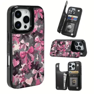 Beautiful Pink Bowknot Camouflage Pattern Leather Card Holder Phone Case, Suitable for iPhone 17 Air/16 Plus/15 Pro Max/14 Pro/13/12/11/XS Max/X Phone Case, Perfect Gift for Thanksgiving and Christmas for Family, Friends, Lovers, Boyfriend, Girlfriend