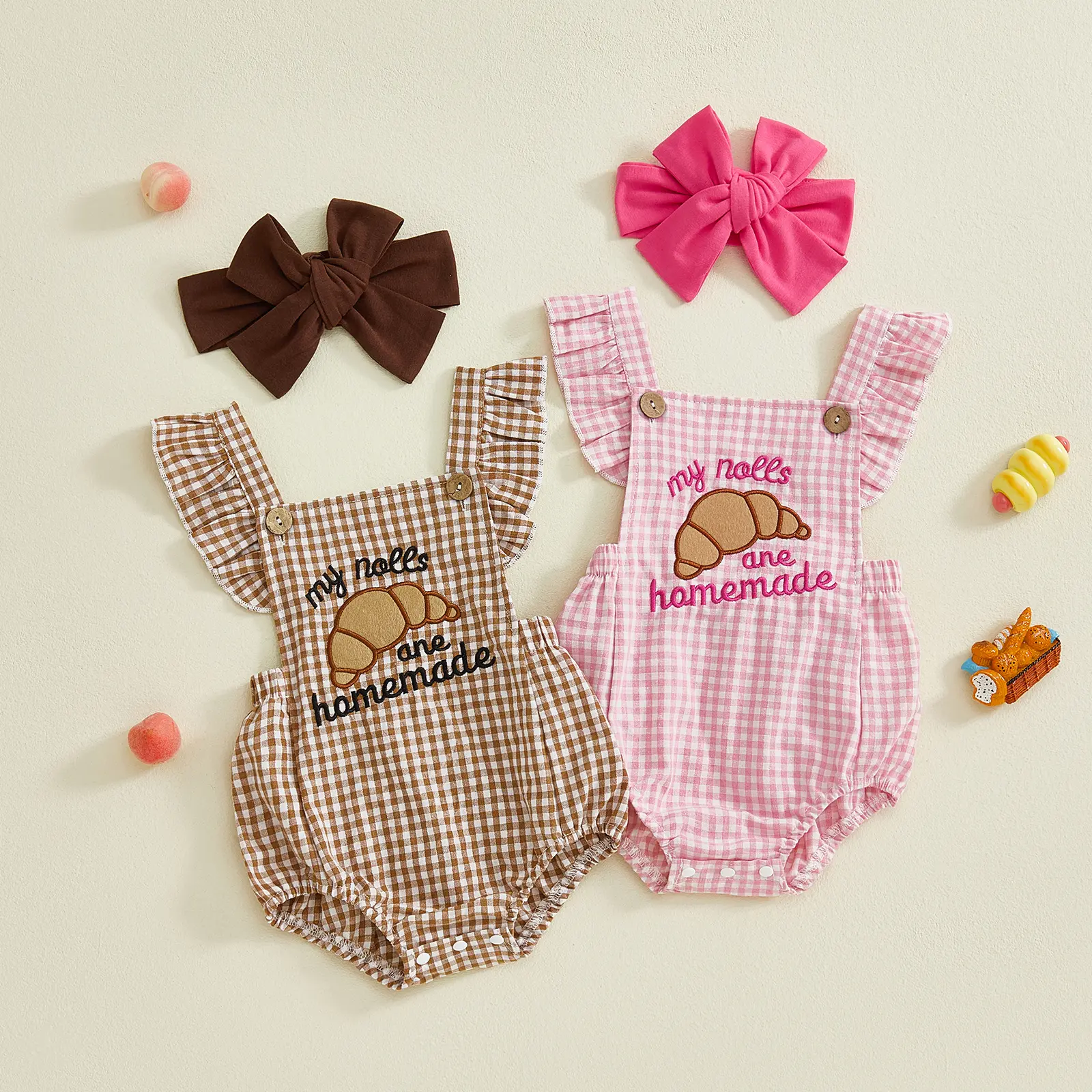 Infant Baby Girl Thanksgiving Outfit Plaid Croissant Letter Embroidered Flying Sleeve Romper and Headband Fall Set 0-18 Months