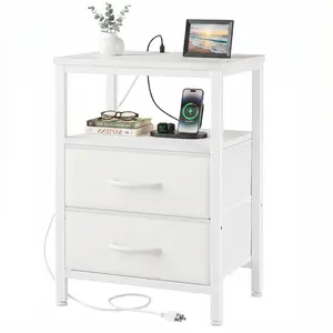Sweetcrispy Nightstand with Charging Station, 2 Fabric Drawers and USB Ports & Outlets - Apartment Furniture Bedside Table