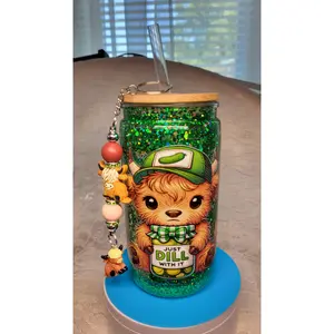 Just Dill With It Highland 16 oz Glitter tumbler w/matching Straw Charm/keychain