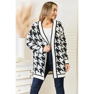 Mandy Woven Right Houndstooth Open Front Longline Cardigan
