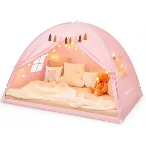 Twin Bed Tent for Kids, Indoor Privacy Toddler Sleeping Canopy with Mesh Window, Fits Bunk or Floor Bed, Include Star Lights & Tassels, Cozy Playhouse for Boys Girls Birthday