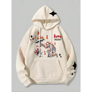 Men’s skull print drop shoulder hoodie, fashion casual regular fit drawstring pocket hooded sweatshirt for daily holiday outdoor wear, men’s clothing for spring and fall