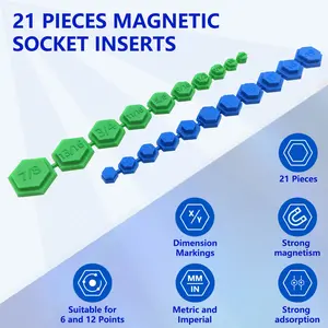 21pcs Magnetic Socket Insertion Tool Kit SAE and Metric, 5/16-7/8 Inch, 8mm-19mm, Different Colors Hexagon Profile Tool