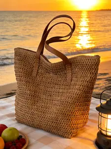Vacation style large capacity casual versatile woven tote bag, fashionable solid color simple texture shoulder bag, can accommodate personal belongings, suitable for beach play, outdoor travel, shopping
