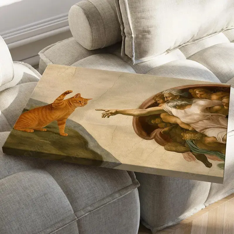 Funny Michelangelo Parody Cat Poster Print - Humorous Renaissance Meme, Home Decor, Bedroom Decor