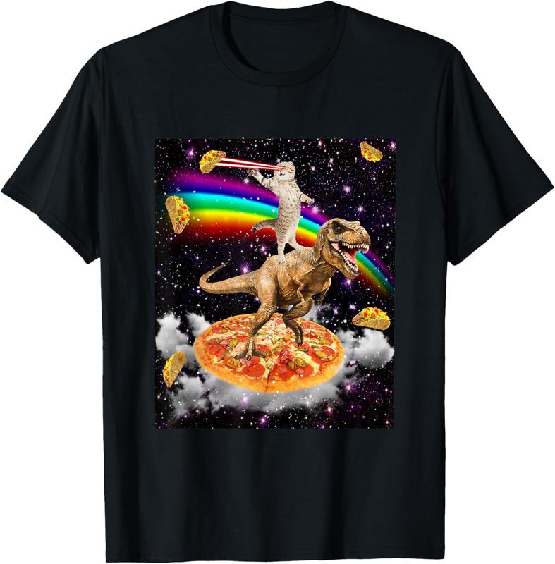 100% Cotton Galaxy Laser Cat on Dinosaur on Pizza with Tacos & Rainbow T-Shirt