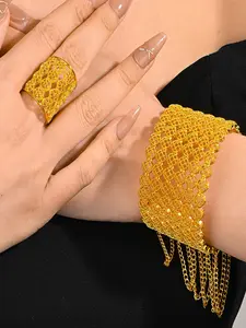 Baroque Style Hollow Out Elegant Jewelry Set, Luxury Chain Decor Bracelet & Cuff Ring for Party, Daily Decor, Trendy All-match & Exquisite Jewelry for Gift