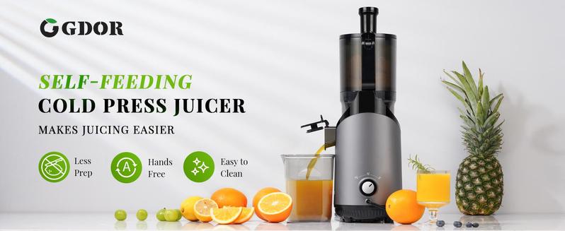 GDOR Cold Press Juicer with 5.3" Wide Feed Chute 150NM Powerful Motor Slow Masticating Extractor High Juice Yield Easy to Clean Fits Whole Fruits & Vegetables Black