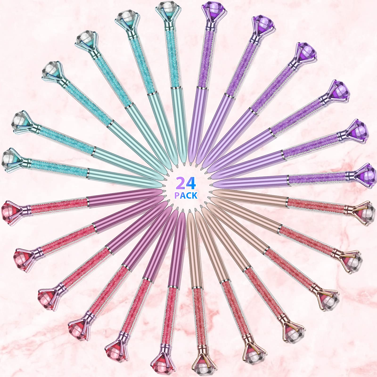 24 Pieces Big Crystal Diamond Pens Bling Ballpoint Pen Black Ink Rhinestones Pen for School Office Supplies Christmas Wedding Birthday Present, 4 Colors