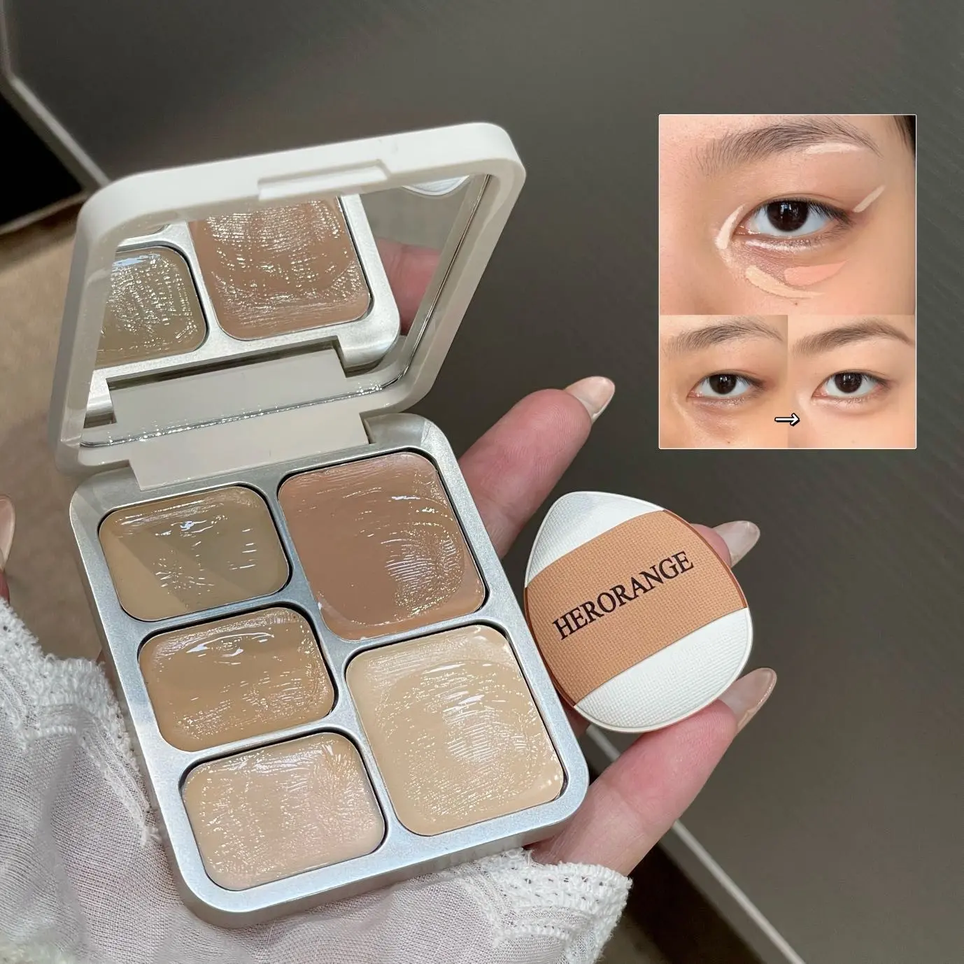High-Coverage 5-Color Brightening Concealer Palette, Brightening Formula Makeup, a savior for blemished skin, conceals dullness, dark spots, acne scars. Fine, smooth, blendable texture suits all skin tones