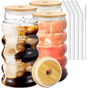 4 count 20oz Drinking Glasses Set with   and Straws, Cute Iced Coffee Glass Cups, Iced Coffee Tumblers, Thick Drinking Jars for Smoothie, Boba Milk , Ideal for , with Straw Brush
