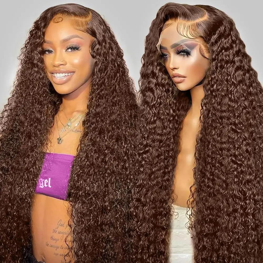 30Inch Chocolate Brown Human Hair Wig 180 Density 13x6 HD Deep Wave Lace Front Wigs Human Hair Colored Deep Curly Lace Frontal Wigs Glueless Wig Brown Wigs for Women