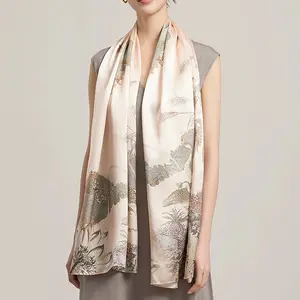 Elegant Mulberry Silk Scarf for Women - 100% Pure Silk, Floral Design, Light Pink to Beige Gradient, 20.87*66.93inch