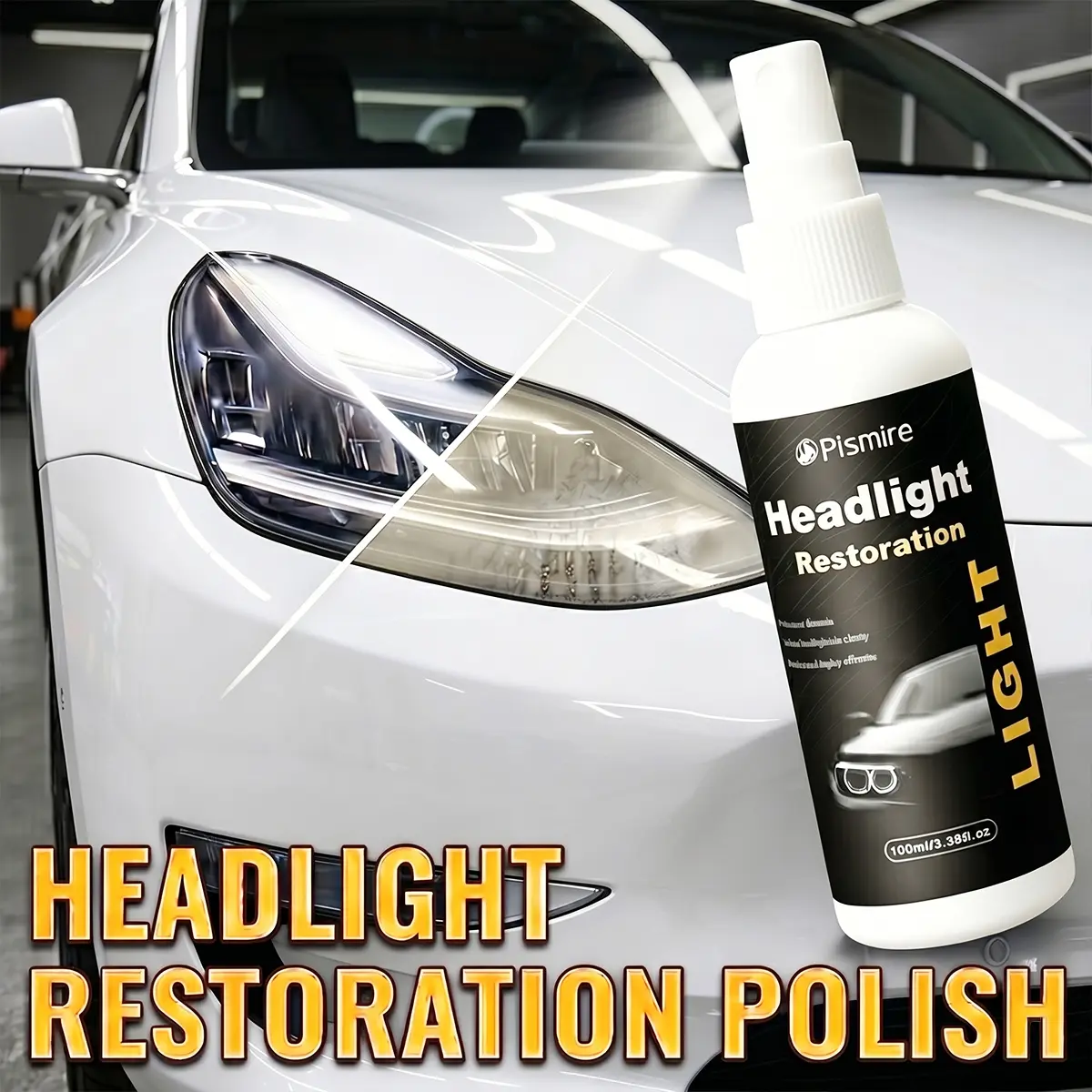 Car Headlight Restoration Spray (3.38 FL OZ / 100 mL). Quick wipe for enhanced brightness and improved nighttime visibility. Effortless restoration of clear headlight surfaces, solves yellowing and haziness issues.