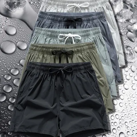 Men's Zipper Pocket  Shorts, Regular Fit Casual Drawstring Waist Shorts for Daily Outdoor Wear, Men Bottoms for All Seasons, Casual Fashionable ice silk Shorts, Breathable Athletic Shorts 92%Nylon 8%Spandex