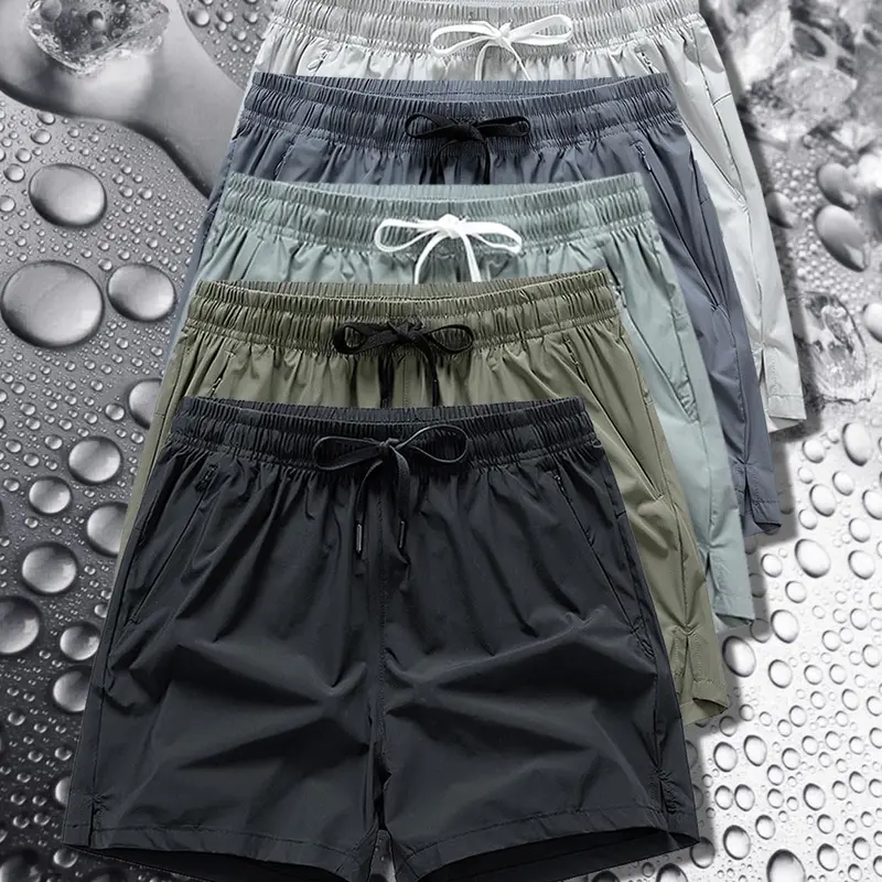 Men's Zipper Pocket  Shorts, Regular Fit Casual Drawstring Waist Shorts for Daily Outdoor Wear, Men Bottoms for All Seasons, Casual Fashionable ice silk Shorts, Breathable Athletic Shorts 92%Nylon 8%Spandex