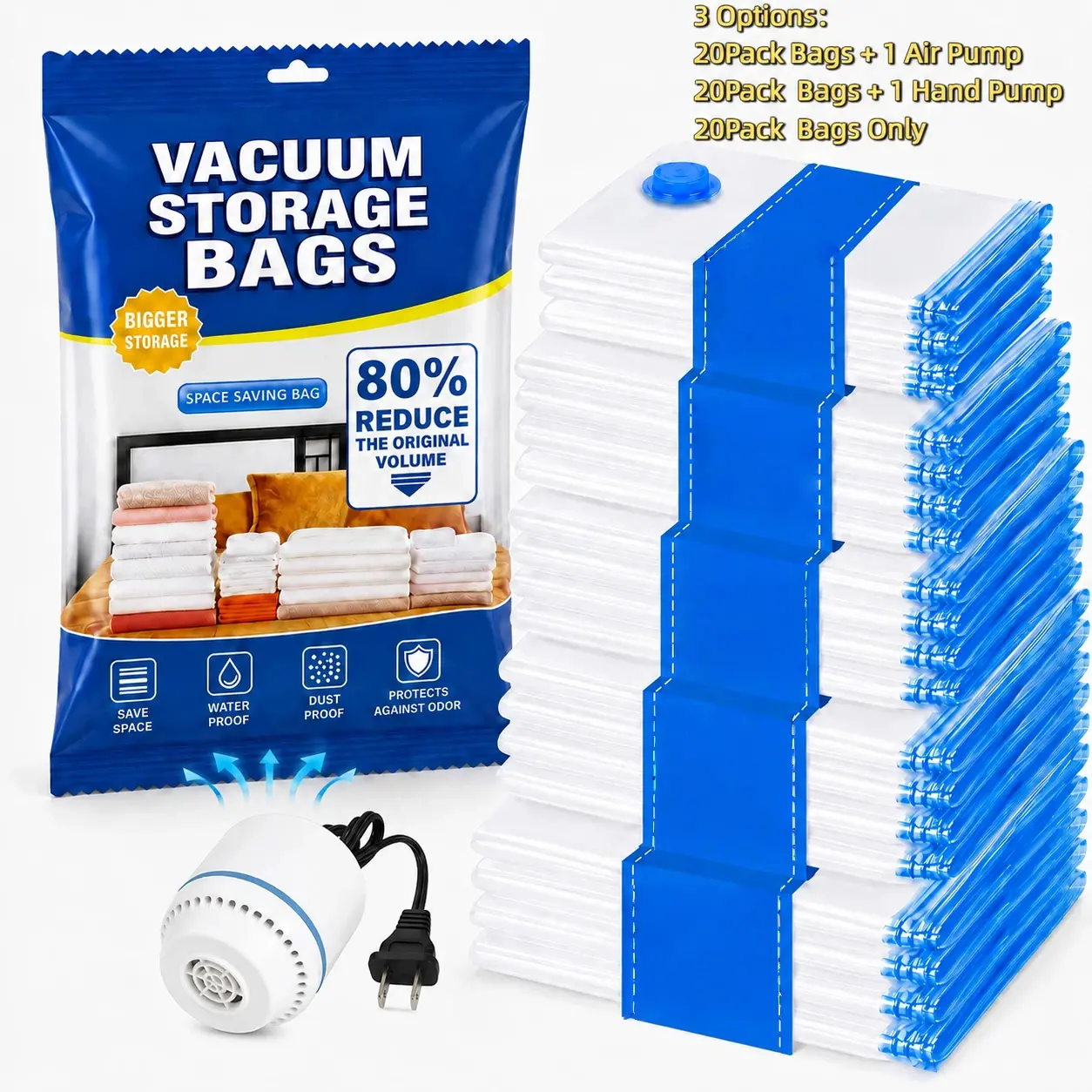 20-pieces travel vacuum compression bag set, includes 1 electric air pump (optional), luggage storage bags in 5 sizes (4 each: S/M/L/XL/JUMBO), clothing packing sealing bags Organiser, space-saving portable storage bags, 3 options