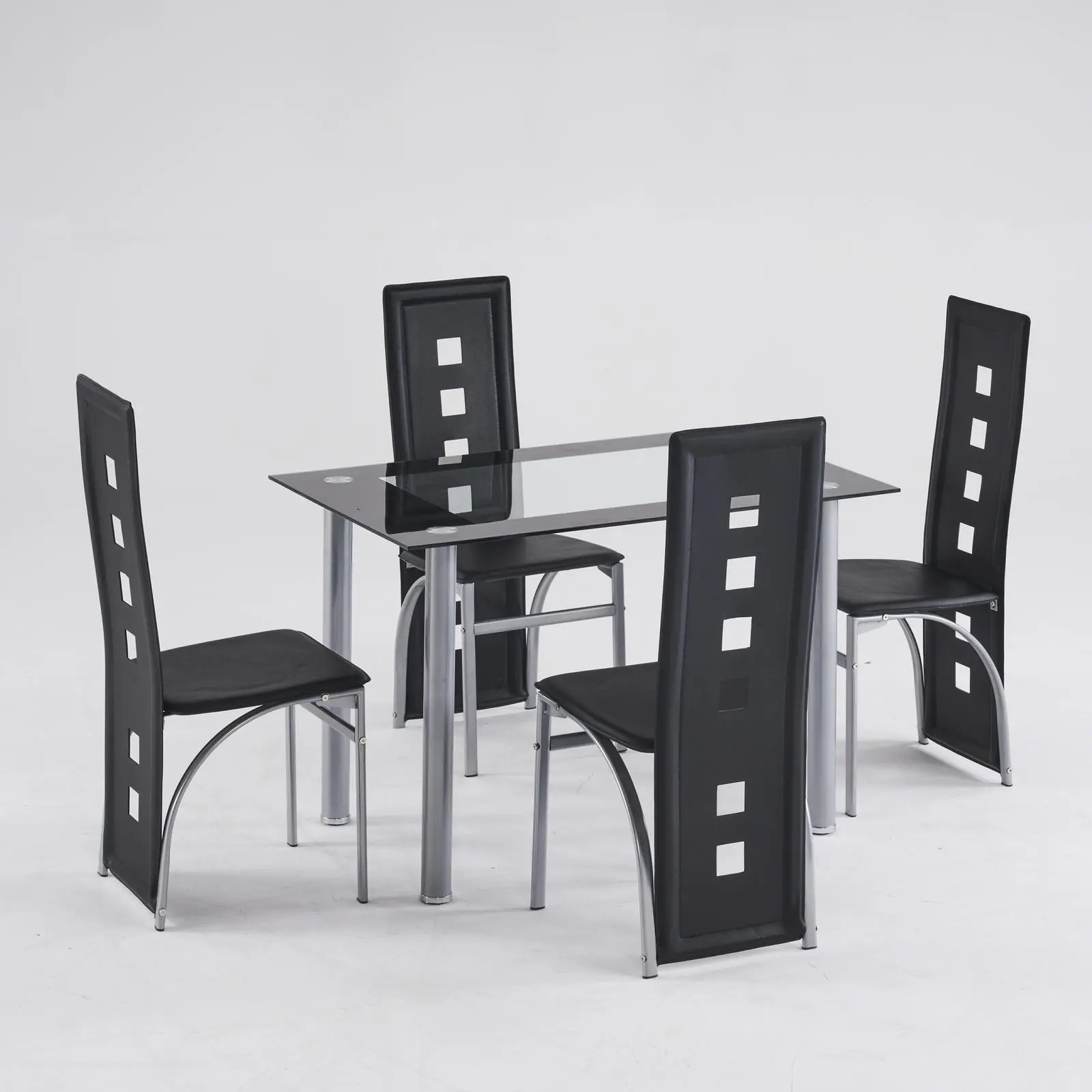 Modern PU Leather Dining Chairs (4-Piece Set) - Furniture with Long Backrest, Black Cushion, Electroplated Iron Legs, Square Hollow Design, Round Tube Frame, Durable, Assembly Required