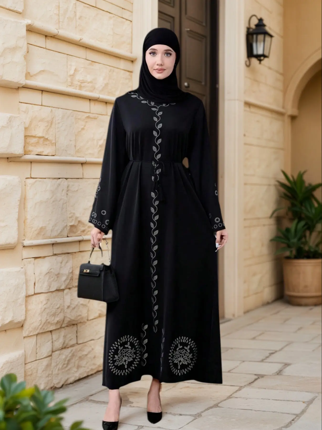 Elegant Vintage V-Neck Abaya Dress for Women, Fashionable National Style Long Robe with Diamond Embroidery, Perfect for Arab Occasions