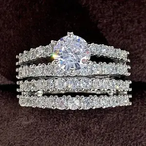 2pcs/Set Luxury & Elegant Women Engagement Ring Set, Silver-Plated Sparkly Round Synthetic Zirconia, Bridal Wedding Party Accessories, High-End Jewelry Gift For Loved Ones, Festival
