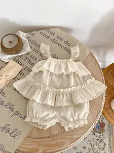 Summer Baby Girls Sweet Ruffled Strap Top with Solid Color Shorts Set, Comfortable Two-Piece for Toddler Girls, Baby Clothing