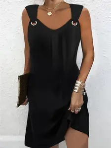 Plus Size Loose Solid Black Women's Basic Summer Vneck Mini Dress, Sleeveless, Eyelet Strap Detail, Curvy Casual Wear, Tummy Hiding, Side Pockets, Womenswear