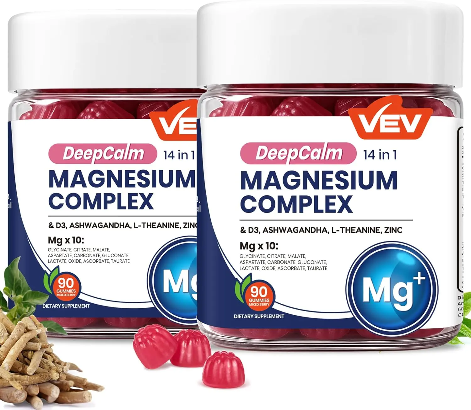 2 Pack Zero Added Sugar Magnesium Gummies, 10-Form Complex with Ashwagandha, L-Theanine, D3 & Zinc, Vegan Gelatin-Free Mixed Berry Adult Mineral Supplement, 90 Count/Bottle, Total 180 Gummies for Daily Nutrition