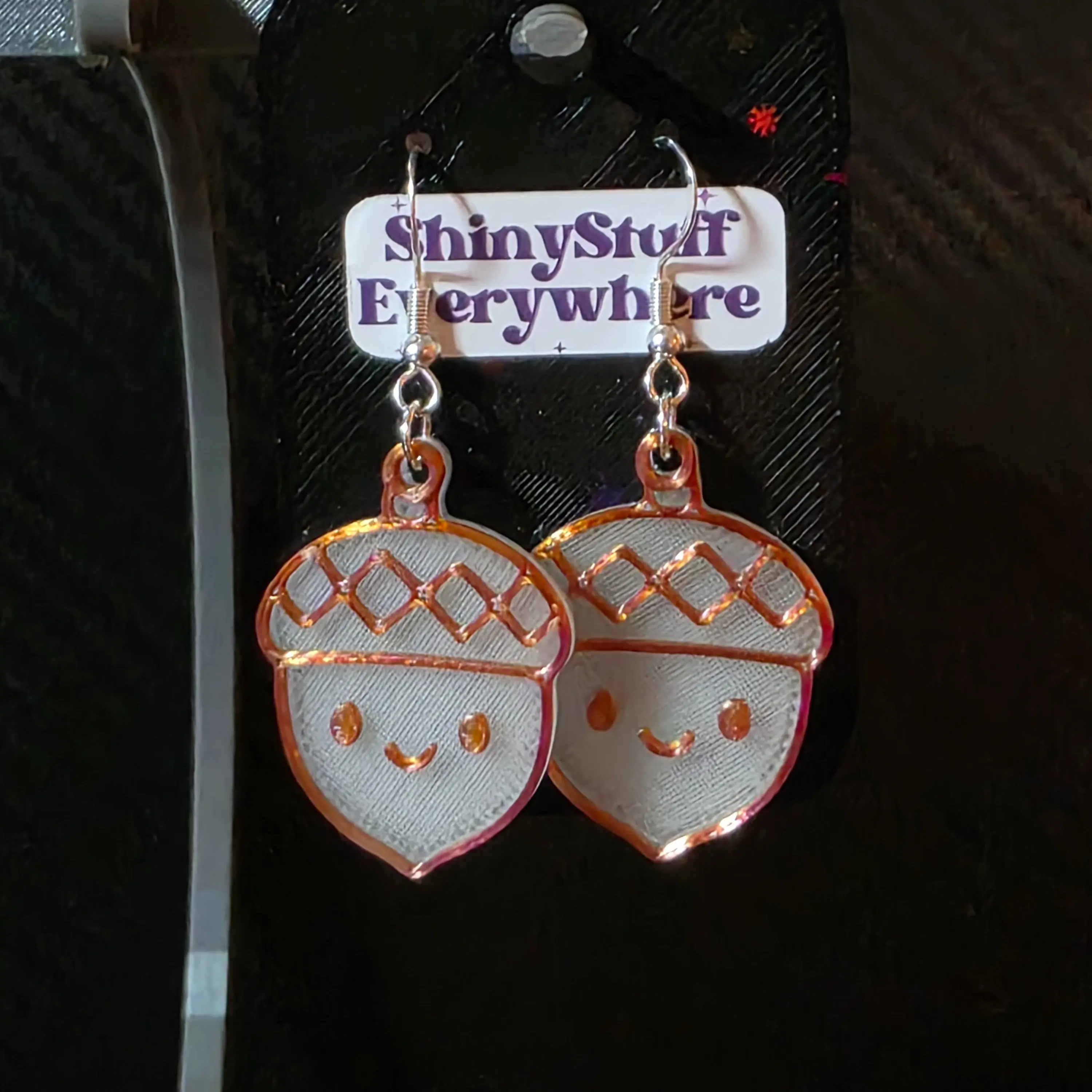 3D Printed Rose Gold Glow-in-the-Dark Acorn Shape Ghost Earrings, Women's Costume Jewelry with Choking Hazard Small Parts Note