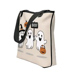 Hey Boo Halloween Theme Tote Bag with Cute Ghosts and Pumpkin Design for Spooky Season Fun