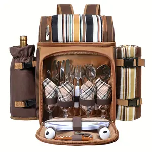 Picnic Basket Backpack With Free Fleece Blanket For 4 Person With Insulated Leak Proof Cooler Compartment, Wine Holder, Fleece Blanket, Cutlery Set, Perfect For Beach Camping Party, Gifts For Boys Girls, Brown