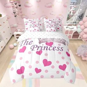 7 Pieces The Crown Comforter Set,Fashion Princess Crown Bedding for Kids Girls,Rose Pink Hearts Dots Print Bed Set,(1 Comforter,1 Fitted Sheet,1 Flat Sheet,2 Pillowcases,2 Throw Pillow Cover)