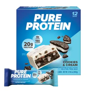 Pure Protein Cookies And Cream Protein Bars – 20g Protein, 3g Sugar, 190 Calories (12 count) Low Sugar* High Protein Snack - Gluten Free - Perfect for a Healthy Snack